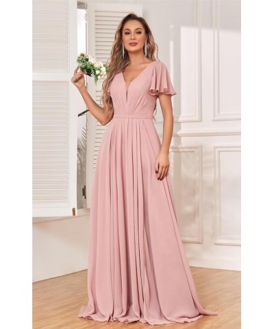 Chiffon Bridesmaid Dresses for Wedding with Slit Flutter Short Sleeves V Neck Wedding Party Gown Red $37.09 Dresses