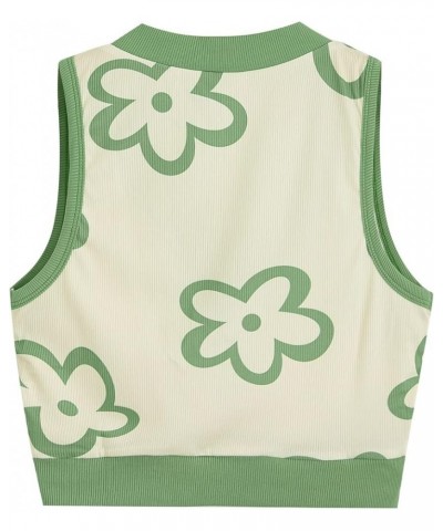 Women's Floral Print Contrast Binding V Neck Ribbed Crop Tank Top Green $7.64 Tanks