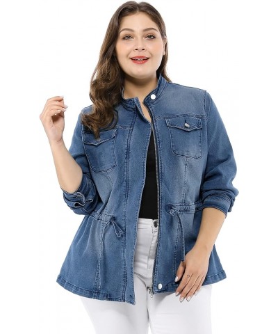 Women's Plus Size Denim Jacket Stretch Stand Collar Zip Drawstring Jean Jackets 2023 Blue $27.72 Jackets