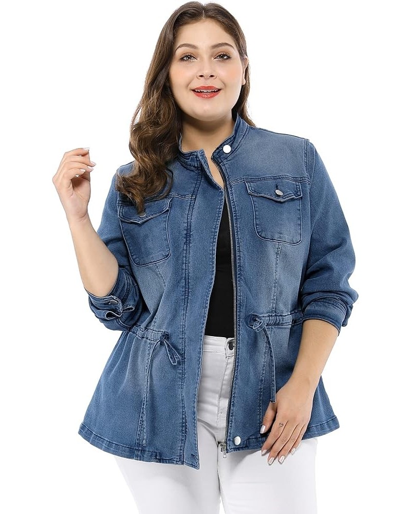 Women's Plus Size Denim Jacket Stretch Stand Collar Zip Drawstring Jean Jackets 2023 Blue $27.72 Jackets