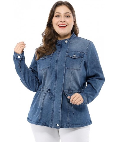 Women's Plus Size Denim Jacket Stretch Stand Collar Zip Drawstring Jean Jackets 2023 Blue $27.72 Jackets