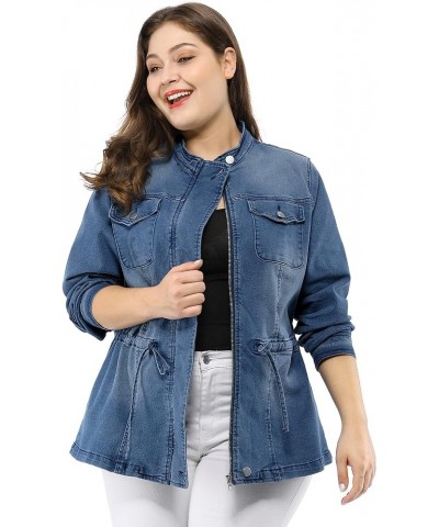 Women's Plus Size Denim Jacket Stretch Stand Collar Zip Drawstring Jean Jackets 2023 Blue $27.72 Jackets