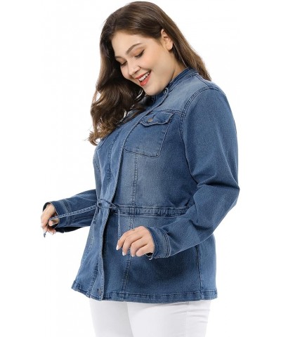 Women's Plus Size Denim Jacket Stretch Stand Collar Zip Drawstring Jean Jackets 2023 Blue $27.72 Jackets