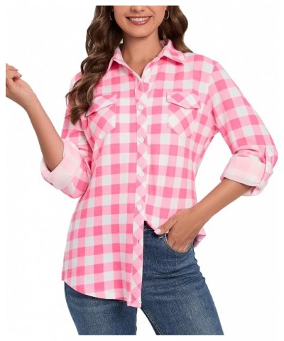 Womens Casual Cuffed Long Sleeve Boyfriend Button Down Plaid Flannel Shirt Tops Hot Pink $14.35 Blouses