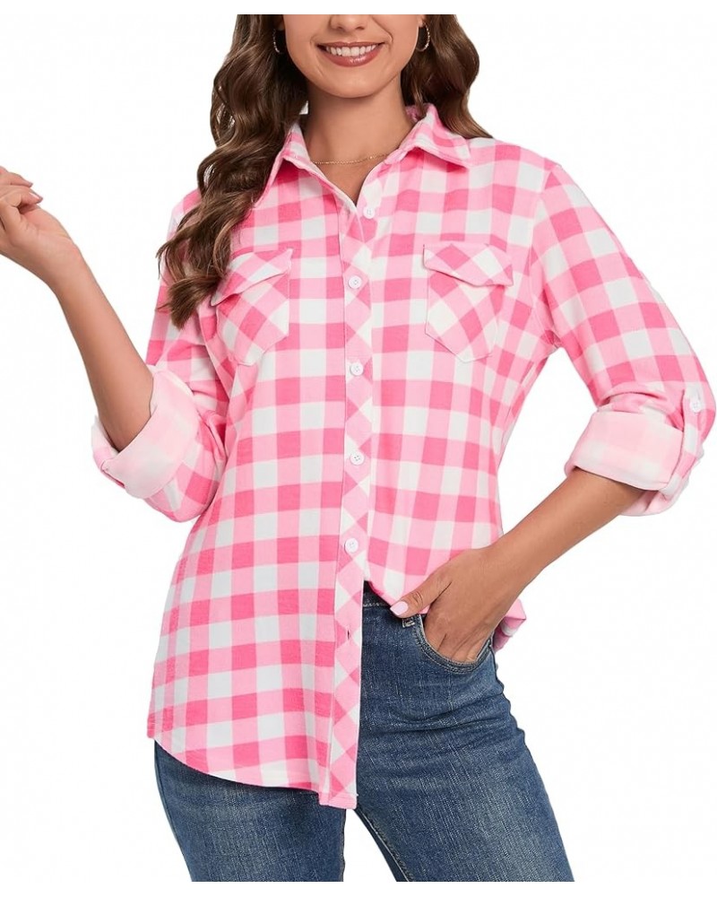 Womens Casual Cuffed Long Sleeve Boyfriend Button Down Plaid Flannel Shirt Tops Hot Pink $14.35 Blouses