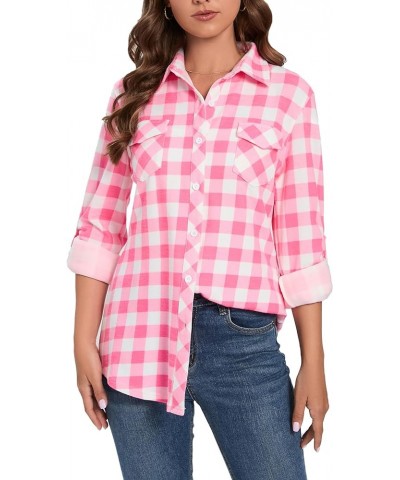 Womens Casual Cuffed Long Sleeve Boyfriend Button Down Plaid Flannel Shirt Tops Hot Pink $14.35 Blouses