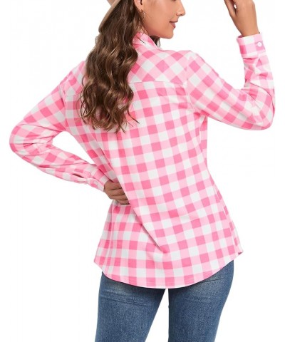 Womens Casual Cuffed Long Sleeve Boyfriend Button Down Plaid Flannel Shirt Tops Hot Pink $14.35 Blouses