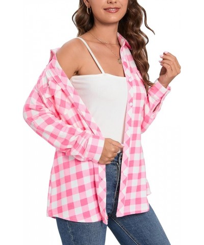 Womens Casual Cuffed Long Sleeve Boyfriend Button Down Plaid Flannel Shirt Tops Hot Pink $14.35 Blouses