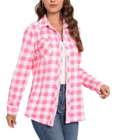 Womens Casual Cuffed Long Sleeve Boyfriend Button Down Plaid Flannel Shirt Tops Hot Pink $14.35 Blouses