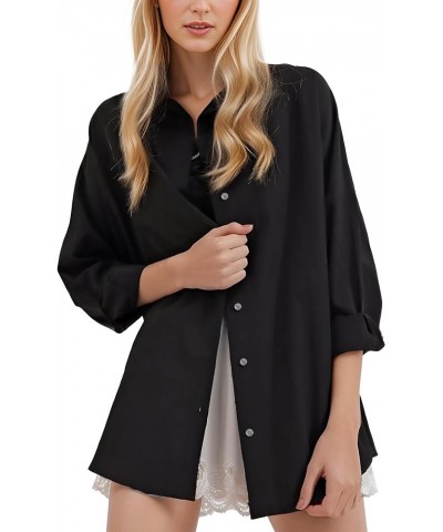 Women's Oversized Button Down Shirt Casual Fashion Long Sleeve Top Tunics Black $12.74 Blouses