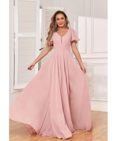 Chiffon Bridesmaid Dresses for Wedding with Slit Flutter Short Sleeves V Neck Wedding Party Gown Red $37.09 Dresses