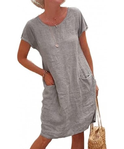 Women's Cotton Linen Casual Loose Short Sleeve Dress Knee Length Comfy Tshirt Dresses with Pockets Plus Size Gray $10.08 Dresses