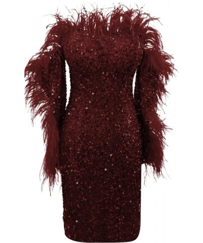 Feather Sequin Prom Dresses Long Sleeve Off Shoulder Mini Dress Sparkly Cocktail Party Gown RYA93 Burgundy $34.04 Dresses