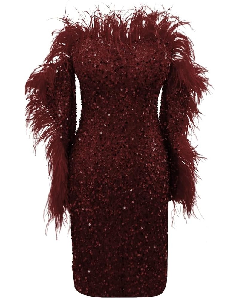 Feather Sequin Prom Dresses Long Sleeve Off Shoulder Mini Dress Sparkly Cocktail Party Gown RYA93 Burgundy $34.04 Dresses