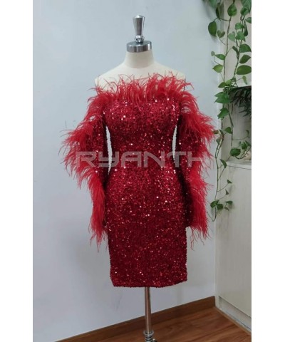 Feather Sequin Prom Dresses Long Sleeve Off Shoulder Mini Dress Sparkly Cocktail Party Gown RYA93 Burgundy $34.04 Dresses