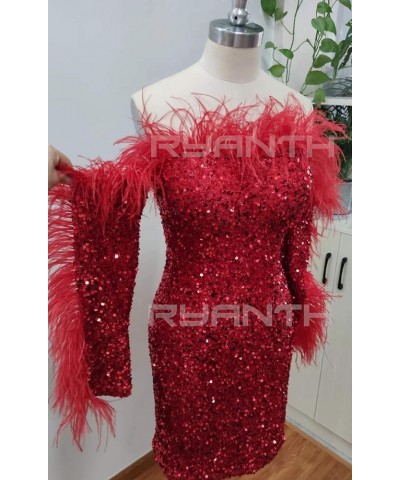 Feather Sequin Prom Dresses Long Sleeve Off Shoulder Mini Dress Sparkly Cocktail Party Gown RYA93 Burgundy $34.04 Dresses