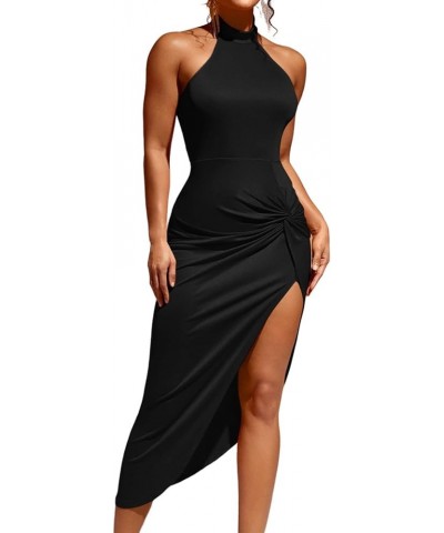 Women's Twist Front Split Thigh Halter Neck Backless Bodycon Club Dress Black $14.26 Dresses