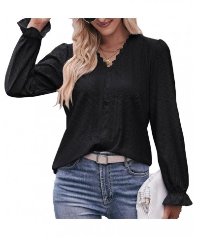 Women's Lace V Neck Knitted Jacquard Flounce Long Sleeve Blouses Black $10.50 Blouses