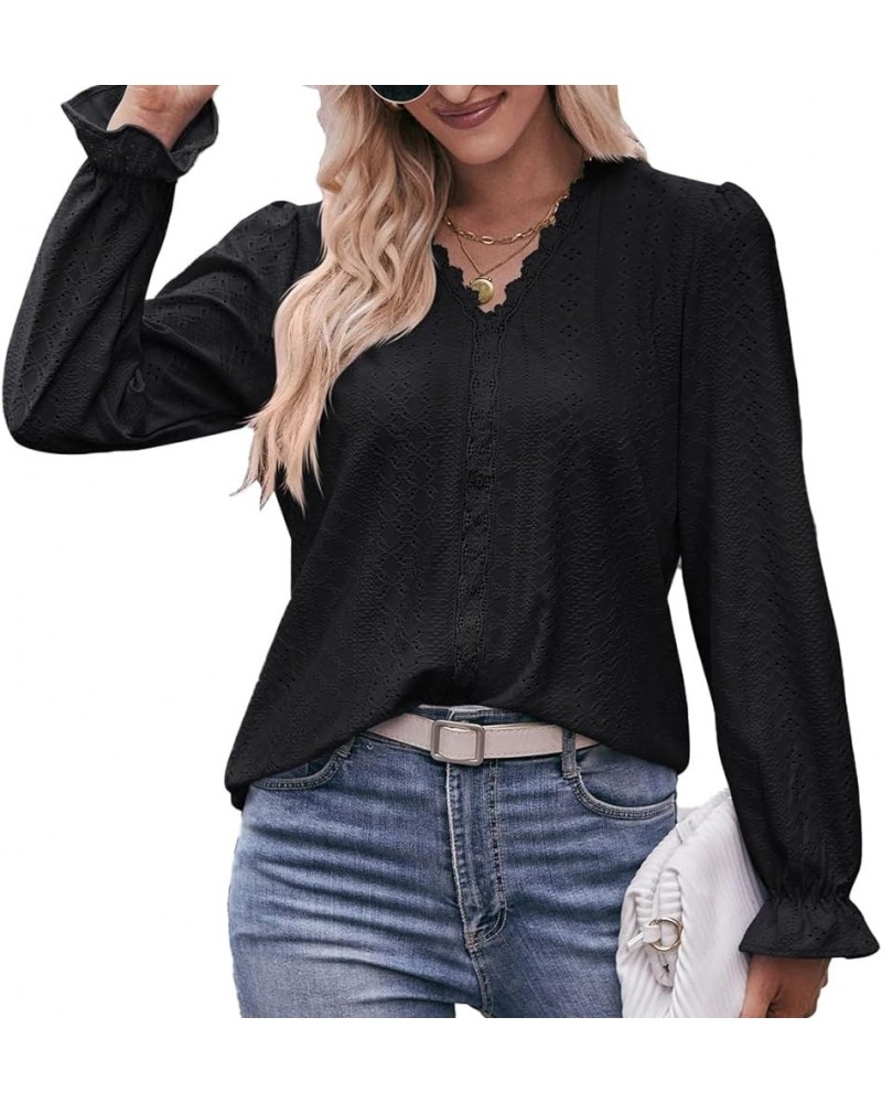 Women's Lace V Neck Knitted Jacquard Flounce Long Sleeve Blouses Black $10.50 Blouses