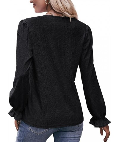 Women's Lace V Neck Knitted Jacquard Flounce Long Sleeve Blouses Black $10.50 Blouses