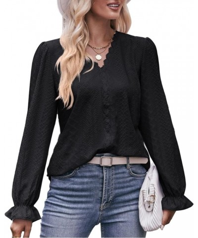 Women's Lace V Neck Knitted Jacquard Flounce Long Sleeve Blouses Black $10.50 Blouses