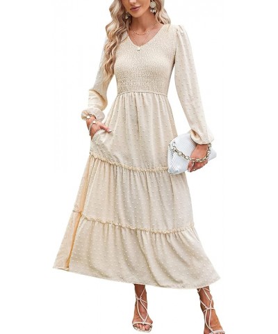 Womens V Neck Maxi Dress with Pockets Swiss Dot Smocked High Waist Long Sleeve Casual Tiered A-Line Dresses Beige $17.22 Dresses