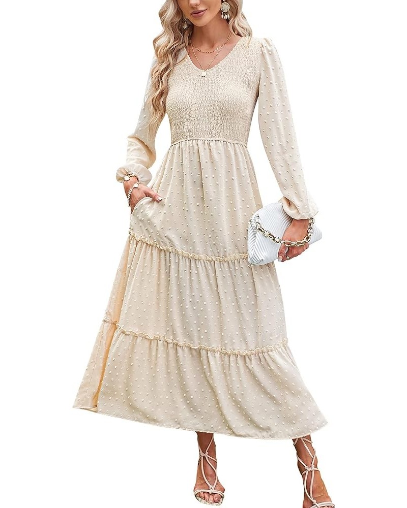 Womens V Neck Maxi Dress with Pockets Swiss Dot Smocked High Waist Long Sleeve Casual Tiered A-Line Dresses Beige $17.22 Dresses