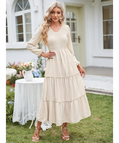 Womens V Neck Maxi Dress with Pockets Swiss Dot Smocked High Waist Long Sleeve Casual Tiered A-Line Dresses Beige $17.22 Dresses