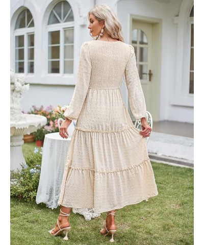 Womens V Neck Maxi Dress with Pockets Swiss Dot Smocked High Waist Long Sleeve Casual Tiered A-Line Dresses Beige $17.22 Dresses