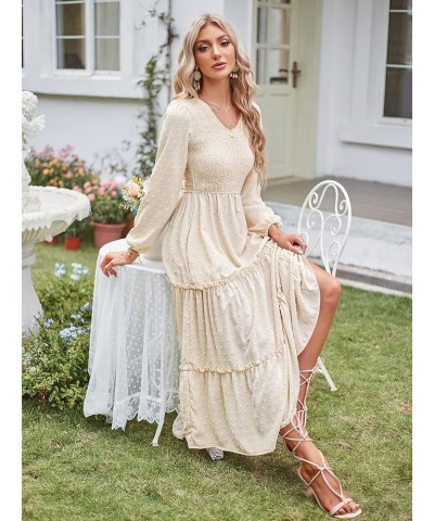 Womens V Neck Maxi Dress with Pockets Swiss Dot Smocked High Waist Long Sleeve Casual Tiered A-Line Dresses Beige $17.22 Dresses