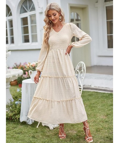 Womens V Neck Maxi Dress with Pockets Swiss Dot Smocked High Waist Long Sleeve Casual Tiered A-Line Dresses Beige $17.22 Dresses