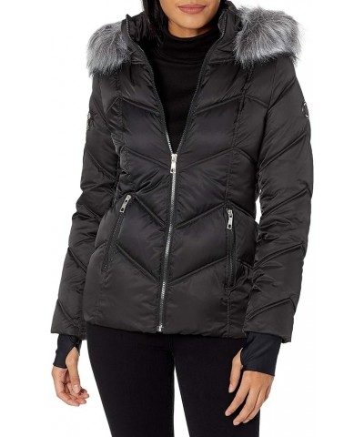 Women's Midweight Puffer Jacket with Faux Fur Trim Black $36.61 Jackets