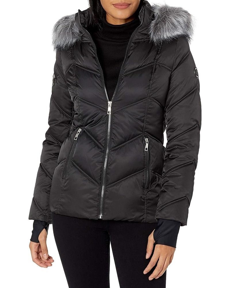 Women's Midweight Puffer Jacket with Faux Fur Trim Black $36.61 Jackets