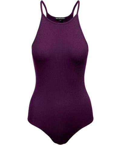 Women's Scoop V-Neck Racerback Sleeveless Tank Top Ribbed Cotton Halter Bodysuit 408-grape-1 $8.63 Lingerie