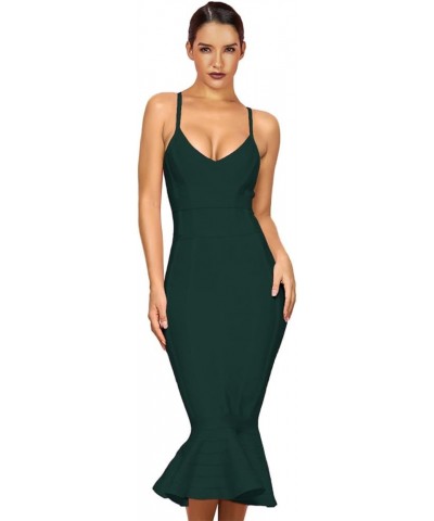 Women's Mermaid Spaghetti Strap V Neck Bodycon Midi Cocktail Bandage Dress Deep Green $30.60 Dresses