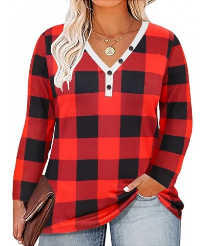 Plus Size Tops for Women Long Sleeve Button Down Shirts Color Block Tunics Fall Winter Tee (XL-5XL) 1-plaid Red $12.99 Tops