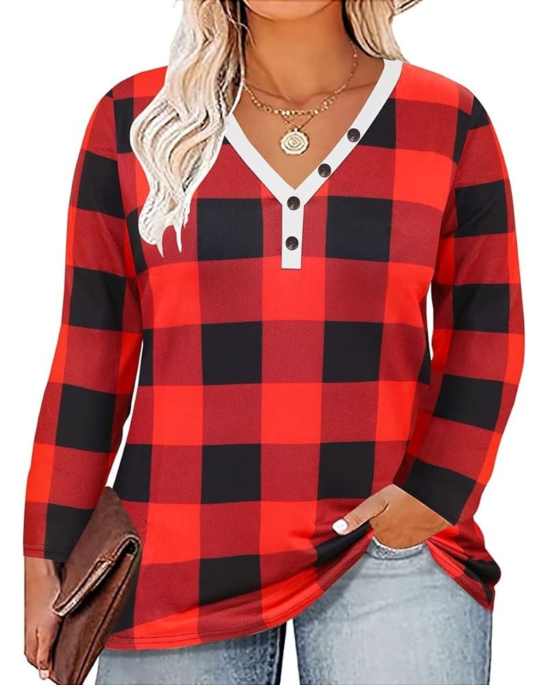 Plus Size Tops for Women Long Sleeve Button Down Shirts Color Block Tunics Fall Winter Tee (XL-5XL) 1-plaid Red $12.99 Tops