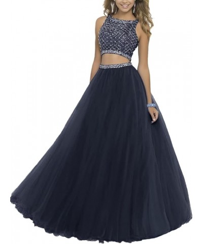 Women's Two Pieces Prom Dresses Beaded Tulle Rhinestones Crewneck Sleeveless A-line Formal Party Gowns Navy $41.40 Dresses