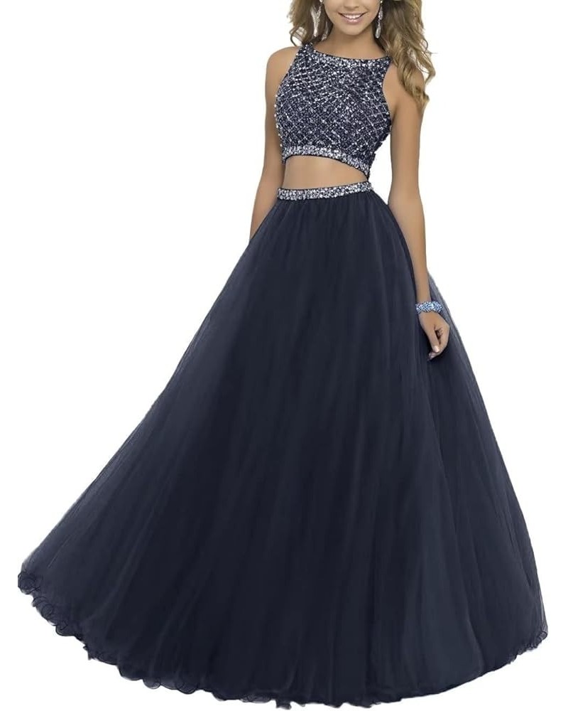 Women's Two Pieces Prom Dresses Beaded Tulle Rhinestones Crewneck Sleeveless A-line Formal Party Gowns Navy $41.40 Dresses