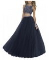 Women's Two Pieces Prom Dresses Beaded Tulle Rhinestones Crewneck Sleeveless A-line Formal Party Gowns Navy $41.40 Dresses