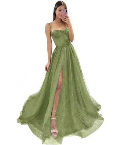 Glitter Tulle Prom Dresses 2024 for Teens with Slit Spaghetti Straps Floral Lace Formal Evening Gowns Sage $30.40 Dresses