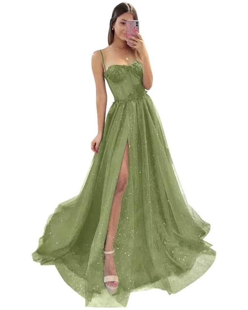 Glitter Tulle Prom Dresses 2024 for Teens with Slit Spaghetti Straps Floral Lace Formal Evening Gowns Sage $30.40 Dresses