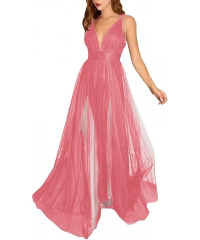 Tulle Long Prom Dresses Spaghetti Strap Deep V-Neck Sexy Split Formal Evening Party Gowns. Coral $36.25 Dresses