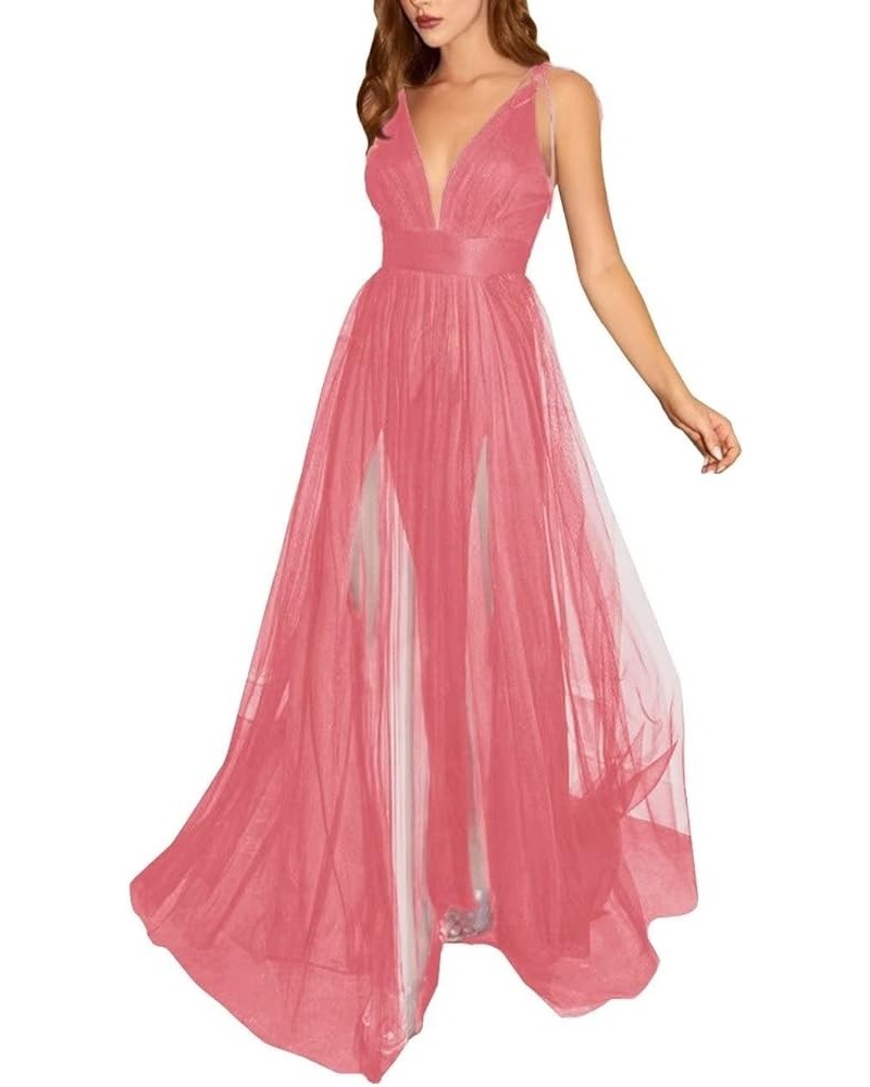 Tulle Long Prom Dresses Spaghetti Strap Deep V-Neck Sexy Split Formal Evening Party Gowns. Coral $36.25 Dresses