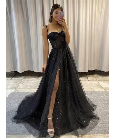 Glitter Tulle Prom Dresses 2024 for Teens with Slit Spaghetti Straps Floral Lace Formal Evening Gowns Sage $30.40 Dresses