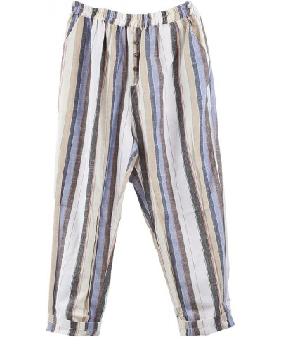 Women's Striped Wide-Leg Cropped Pants Linen Capri Harem Casual Trousers Light Blue $21.27 Pants