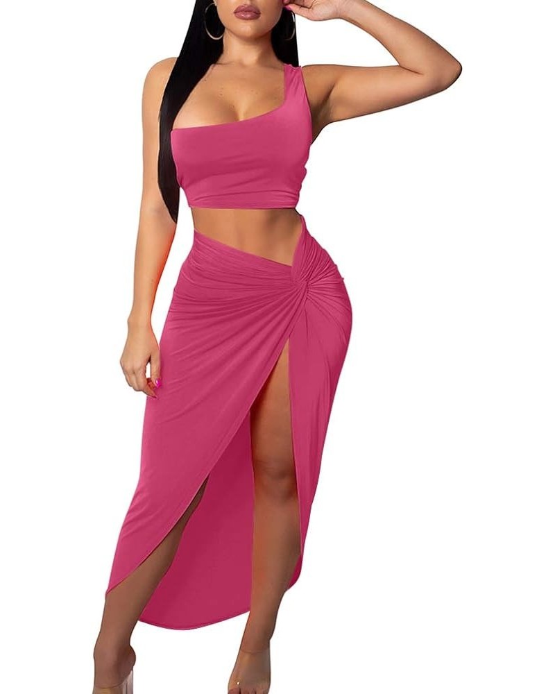 Women's Sexy One Shoulder Long Bodycon Slit Skirt 2 Pieces Dress Rose $12.25 Dresses