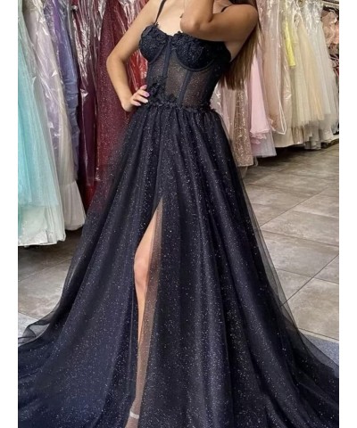 Glitter Tulle Prom Dresses 2024 for Teens with Slit Spaghetti Straps Floral Lace Formal Evening Gowns Sage $30.40 Dresses