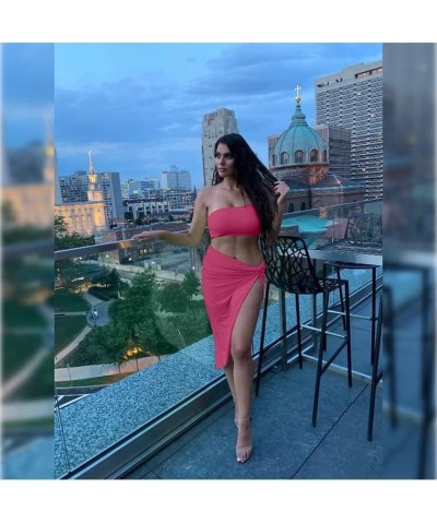 Women's Sexy One Shoulder Long Bodycon Slit Skirt 2 Pieces Dress Rose $12.25 Dresses