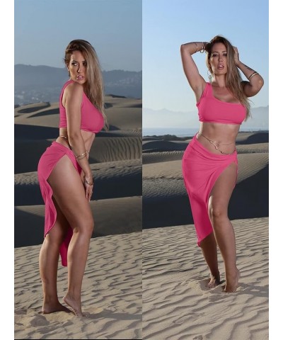 Women's Sexy One Shoulder Long Bodycon Slit Skirt 2 Pieces Dress Rose $12.25 Dresses